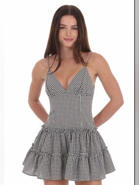 Lucy in the Sky Black White Gingham Tiered Mini Dress Size Small